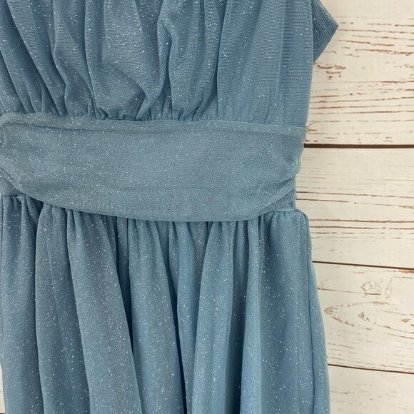 Windsor S Baby Blue Glitter Tulle Mesh Fit Flare Skater Ruched Short Mini Dress - Picture 5 of 8
